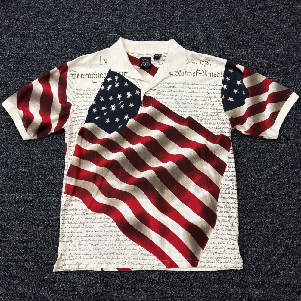 Cotton Traders Declaration Of Independence American Flag‎ Polo Shirt Sz L USA